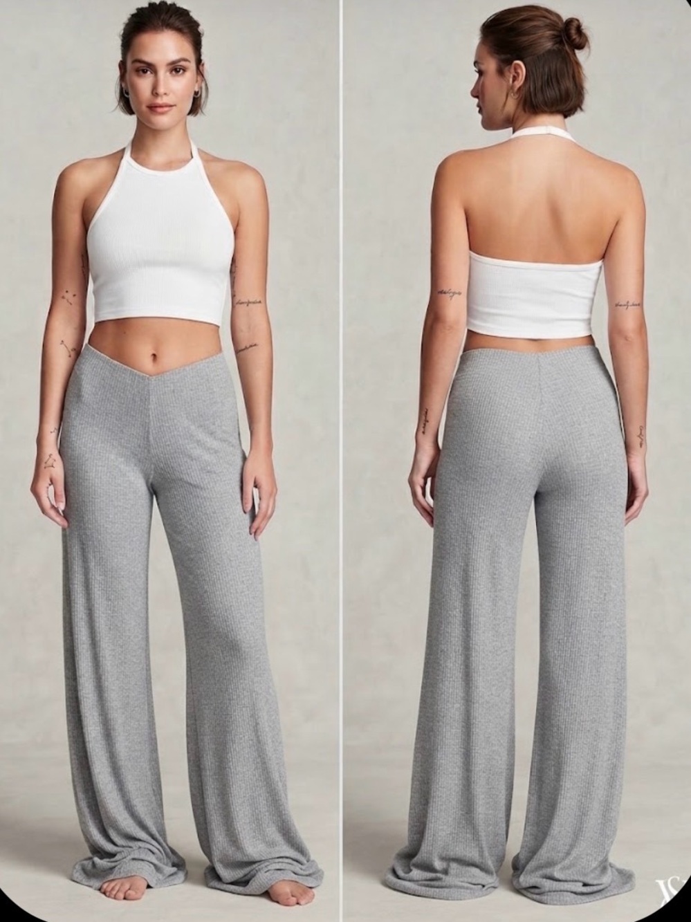 Victoria's Secret Heather Grey Ribbed High-Waist Lounge Pants Flared Leg Size M